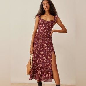 Reformation Bondi dress in burgundy floral Chantelle color